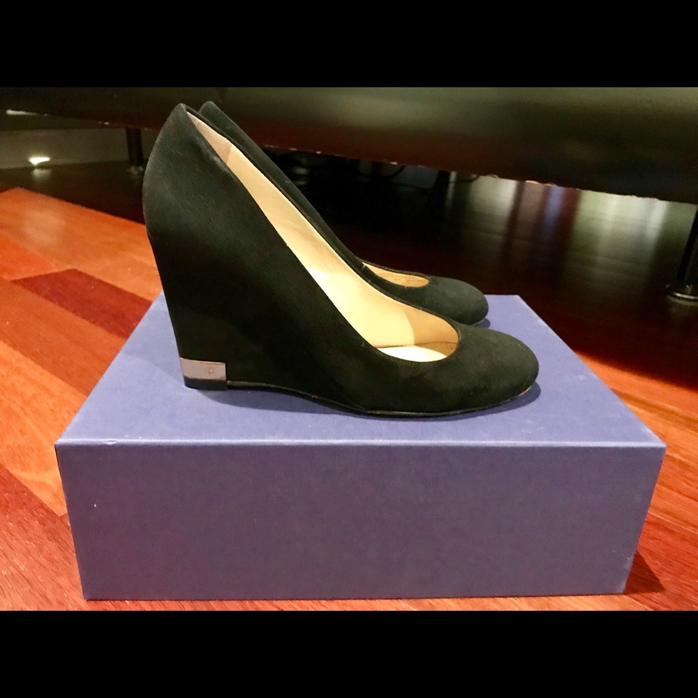 Tory Burch Astoria Black Suede Wedge w/ gold band